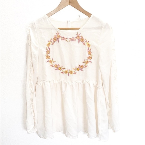 entro Tops - Entro White Cream Long Sleeve Floral Design Blouse